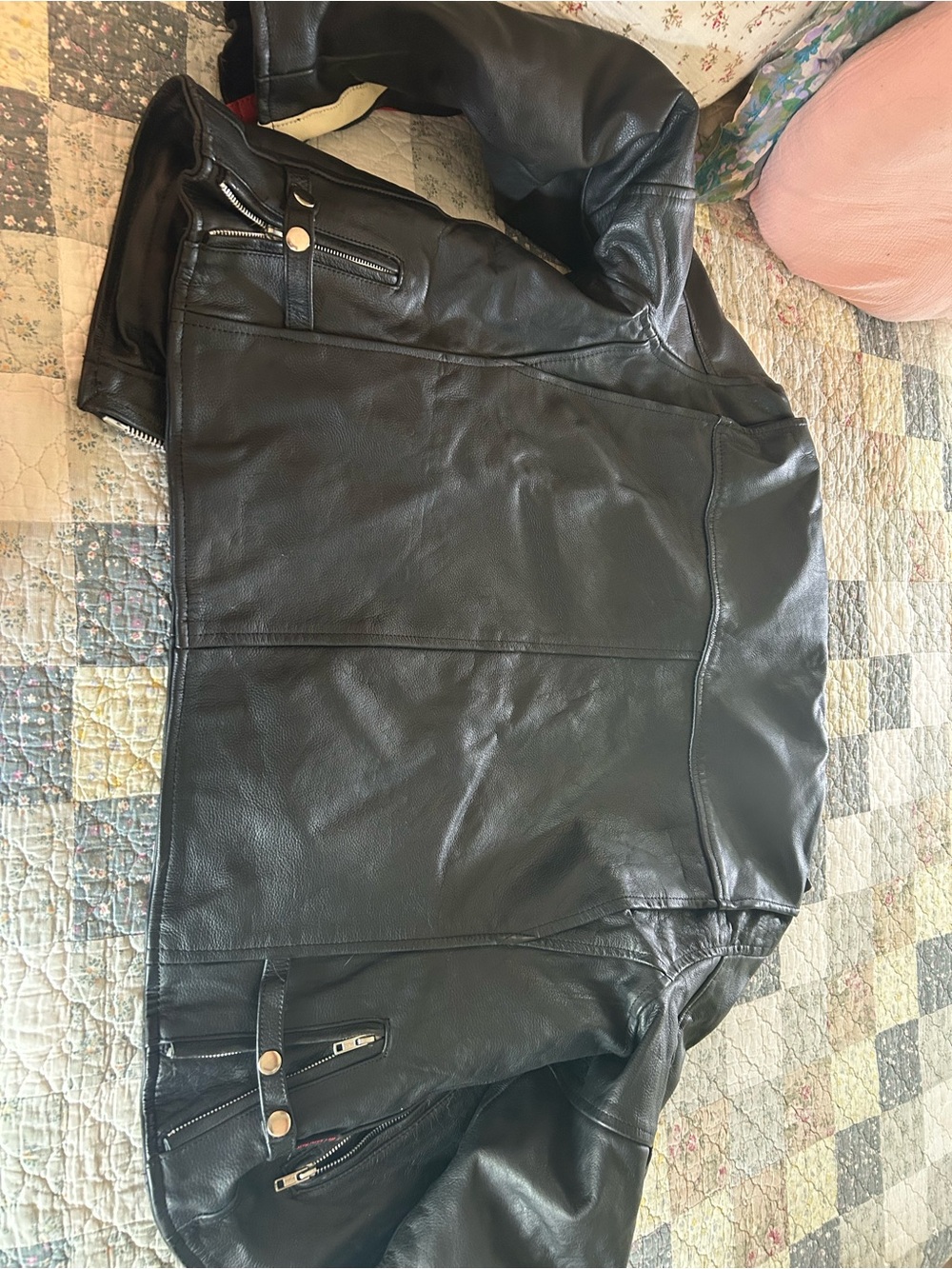 Men's Black Leather Bomber Jacket with Red & Cream Shoulder Stripes - Picture 5 of 5
